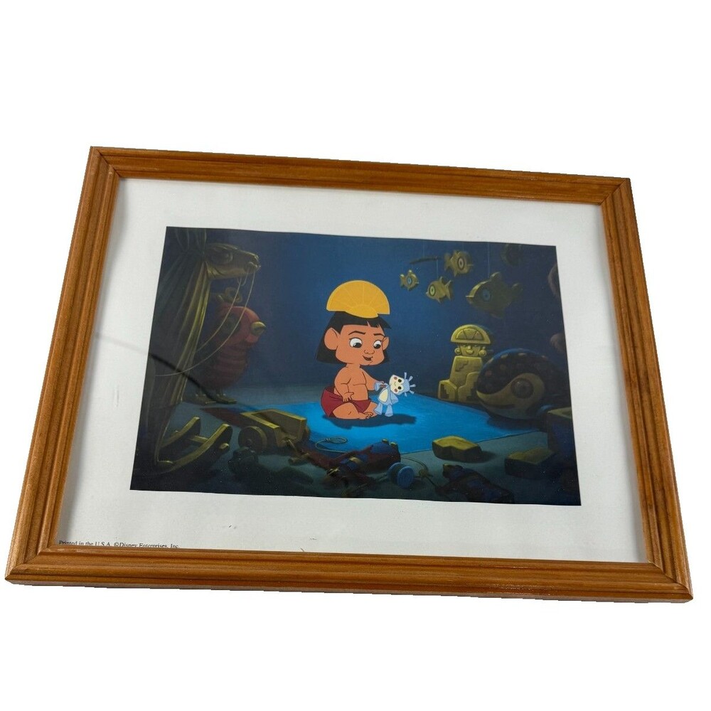 Disney Lithograph Print The Emperor's New Groove‎ Baby Wood Brown Frame Vintage